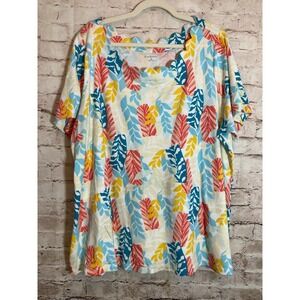 Kim Rogers Top Womens 2X Colorful Tropical Floral Scalloped Edges Cotton Stretch